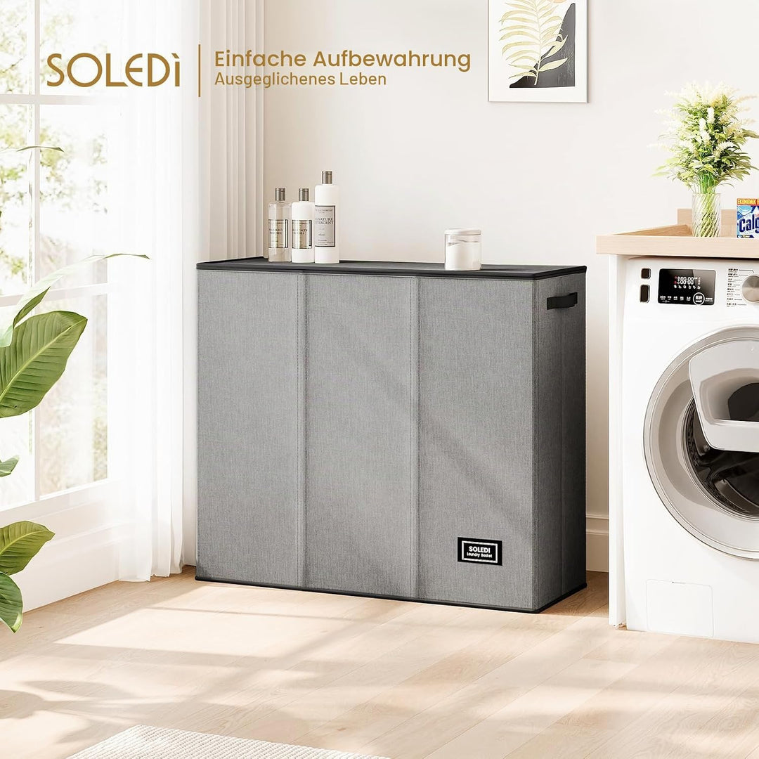 SOLEDI 180L Wäschekorb, Wäschesammler mit Deckel, 3 Fächer und 3 Wäschesack - Grosser XXXL Wäschesor