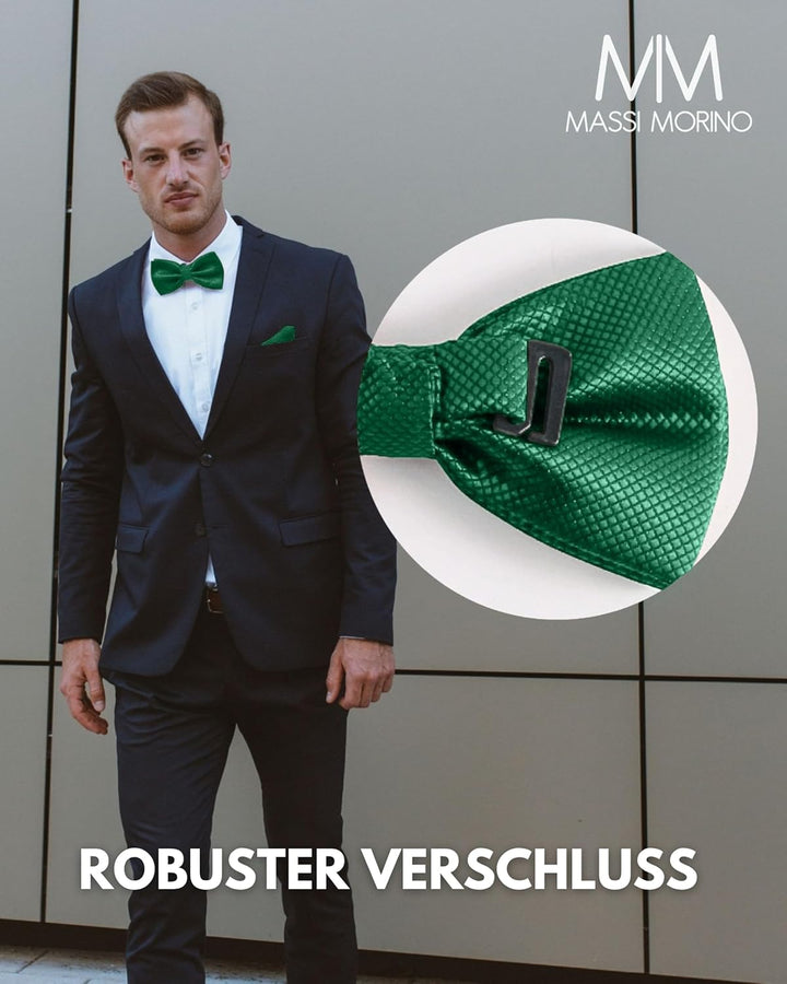 Massi Morino Fliege mit Einstecktuch für Herren Set - Anzug Herrenfliege zur Hochzeit - Verstellbare