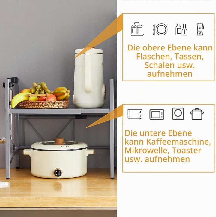 Ausziehbares Mikrowellenregal mit 6 Haken, Thekenregal für Mikrowelle, Küchenregal (Grau/2 Ebenen) G