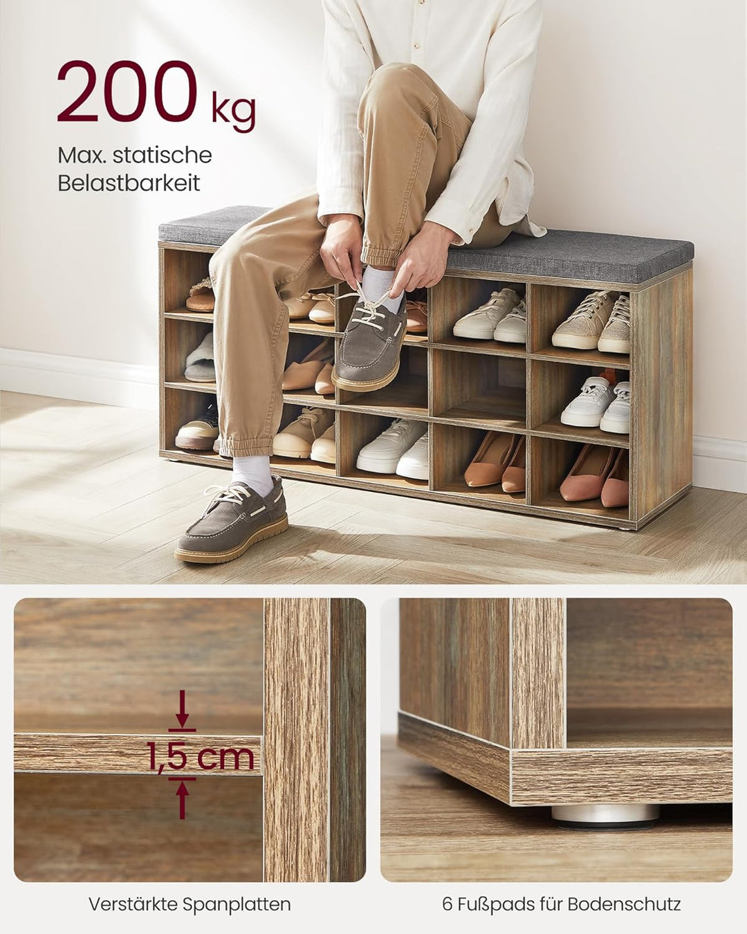VASAGLE Custos Kollektion - Schuhbank, Schuhregal mit Sitzfläche, Sitzbank mit Stauraum, Kissen, 15