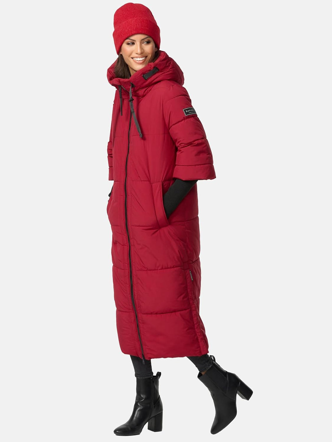 Navahoo Damen Wintermantel Warmer Steppmantel lang mit Kapuze und Rippstrickärmeln Ciao MIAU XIV XS-