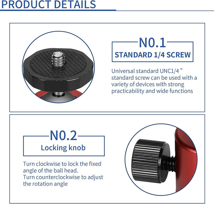2 Stück Mini Kugelkopf Stativkopf mit 1/4 Hot Shoe Mount Adapter, Metall stativ kugelkopf 1/4'' auf