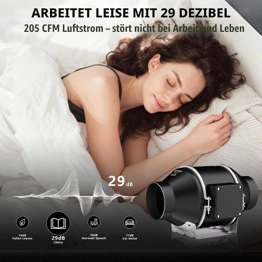 KAVUNION Rohrventilator 100 mm, 40 W EC-Motor 2600 U/min 205 m³/h Rohrlüfter 100mm mit Fernbedienung