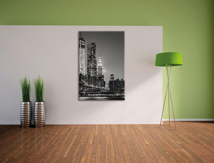 Pixxprint New York City Skyline bei Nacht / 100x70cm Leinwandbild bespannt auf Holzrahmen/Wandbild K