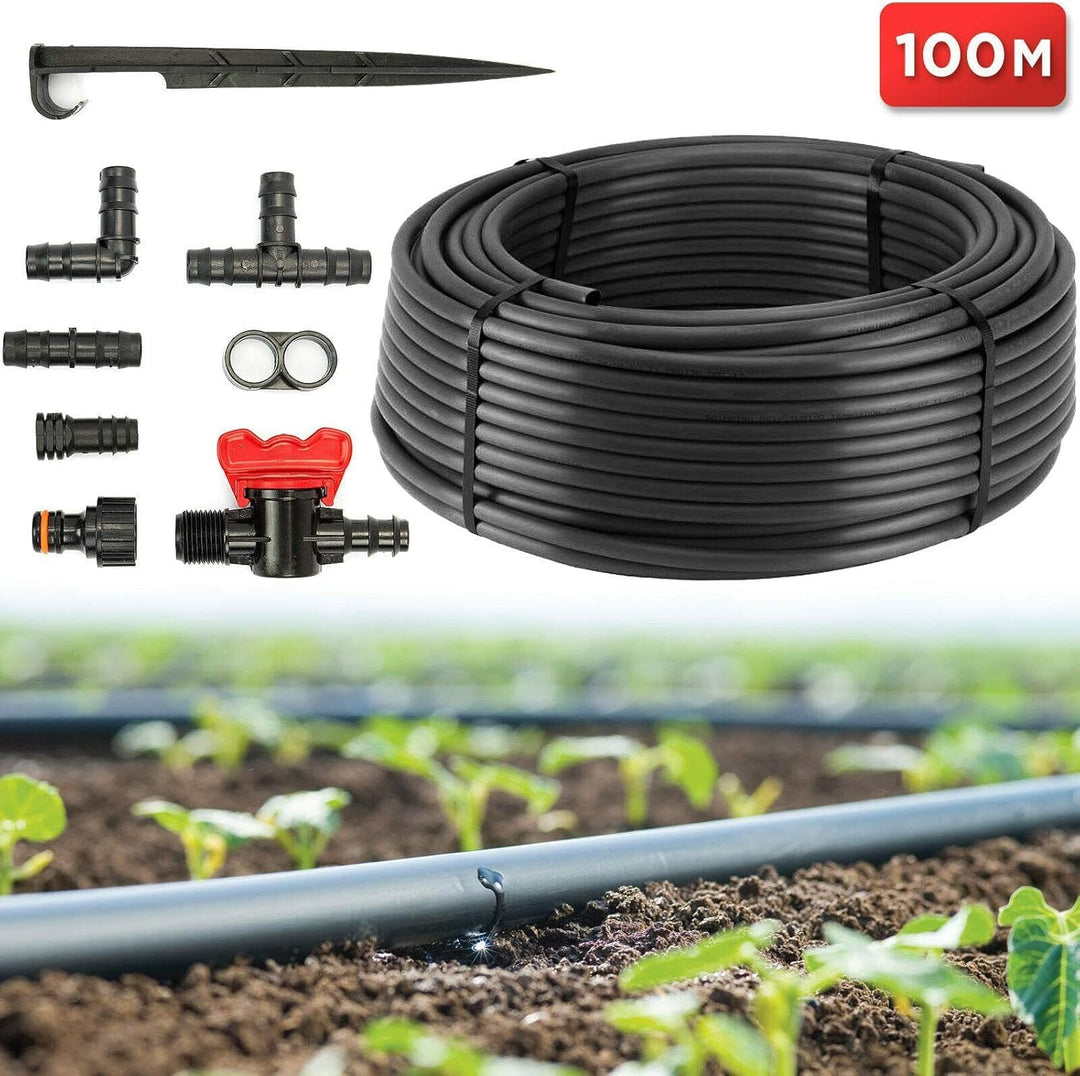 Tropfrohr 16 mm mit Druckkompensation 100m Gartenbewässerungsrohr Bewässerung Tropfschlauch (80tlg)