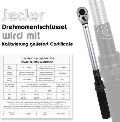 UYECOVE Drehmomentschlüssel 1/2 Zoll, 40-220 NMDrehmomentschlüssel Auto, ±3% Hohe Präzision, 72 Zähn