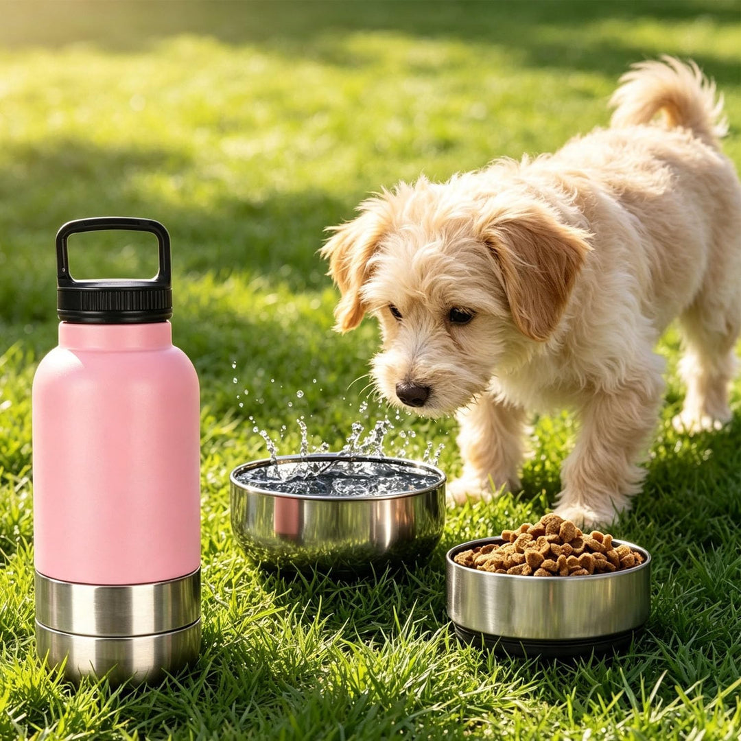 Trinkflasche Hunde für Unterwegs, 1000ml Reiseflasche 3-in-1 für Hunde &amp; Katzen aus Edelstahl mit Wa