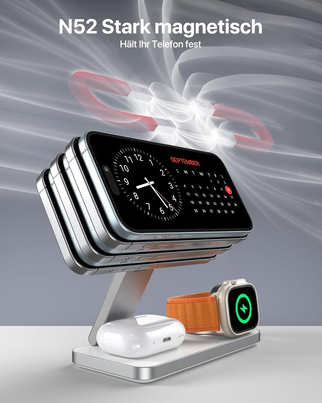 Induktive Ladestation Kompatibel mit Magsafe Ladegerät,QTlier 3 in 1 iPhone Ladestation für 17/16/15