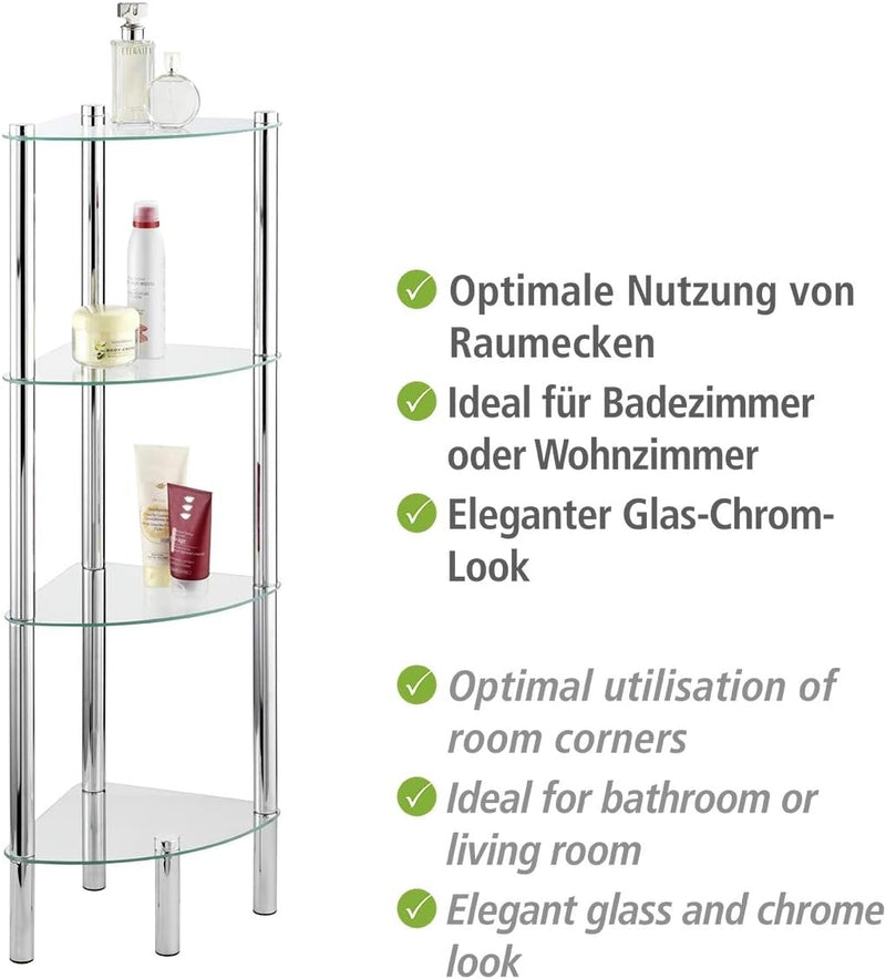 WENKO Eckregal Yago mit 4 Glasablagen - Badregal, Edelstahl rostfrei, 30 x 104 x 30 cm, Glänzend 4 E