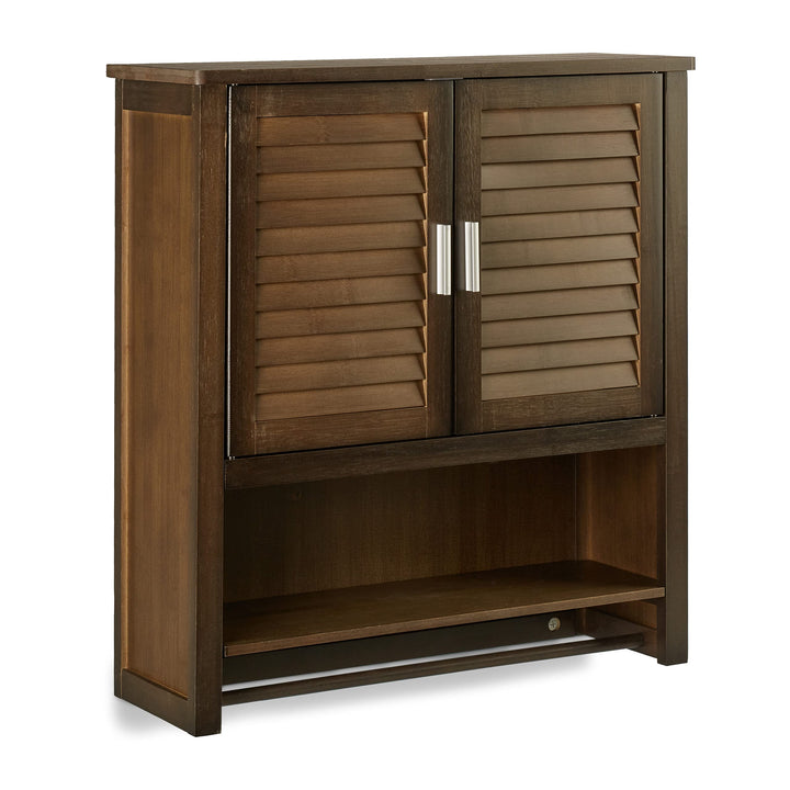 Relaxdays Hängeschrank dunkelbraun LAMELL, Badschrank mit Handtuchhalter, Wandschrank aus Bambus, HB