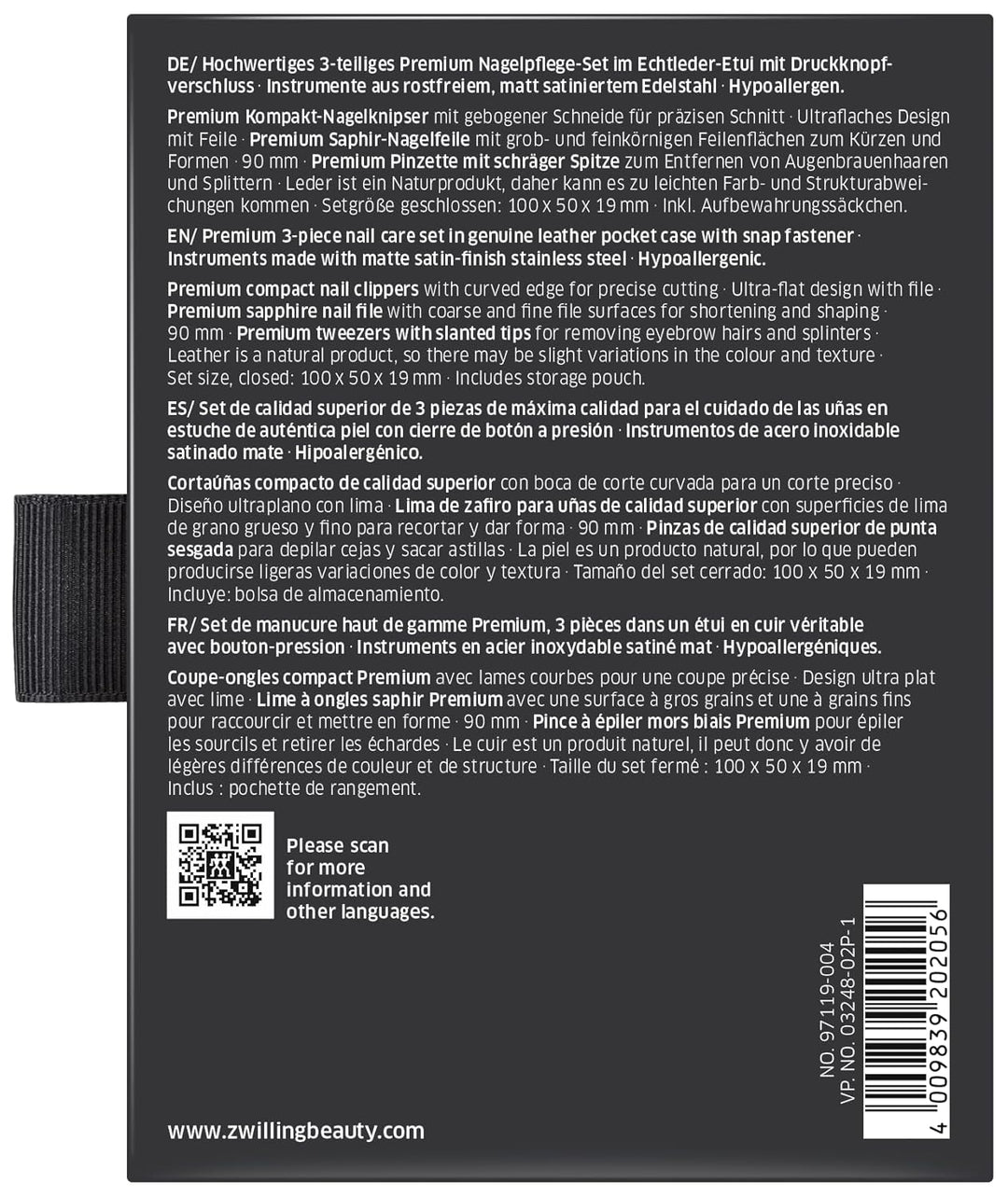 ZWILLING Maniküre Pediküre Set 3-teilig aus 100% Rindleder mit Druckknopfverschluss, Premium, Schwar