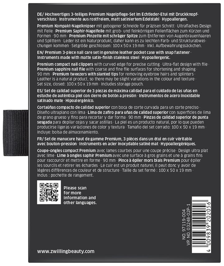 ZWILLING Maniküre Pediküre Set 3-teilig aus 100% Rindleder mit Druckknopfverschluss, Premium, Schwar