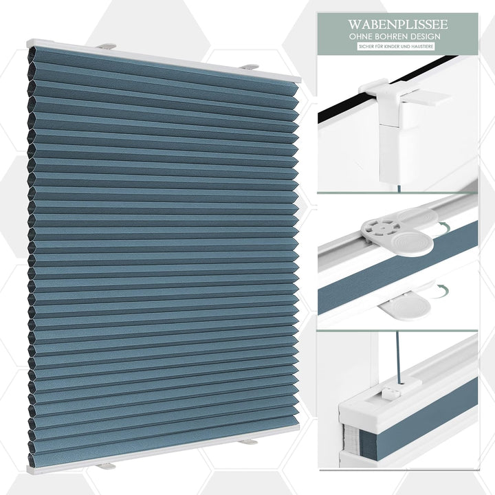 Wabenplissee Plissee ohne Bohren Verdunkelung Klemmfix Thermo Verdunklungsplissee, Blau-Weiss 40x130