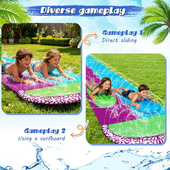 Wasserrutsche Garten für Kinder, 610x240cm Wasserrutschmatte mit 2 Bodyboards, Doppelrutsche mit Ein