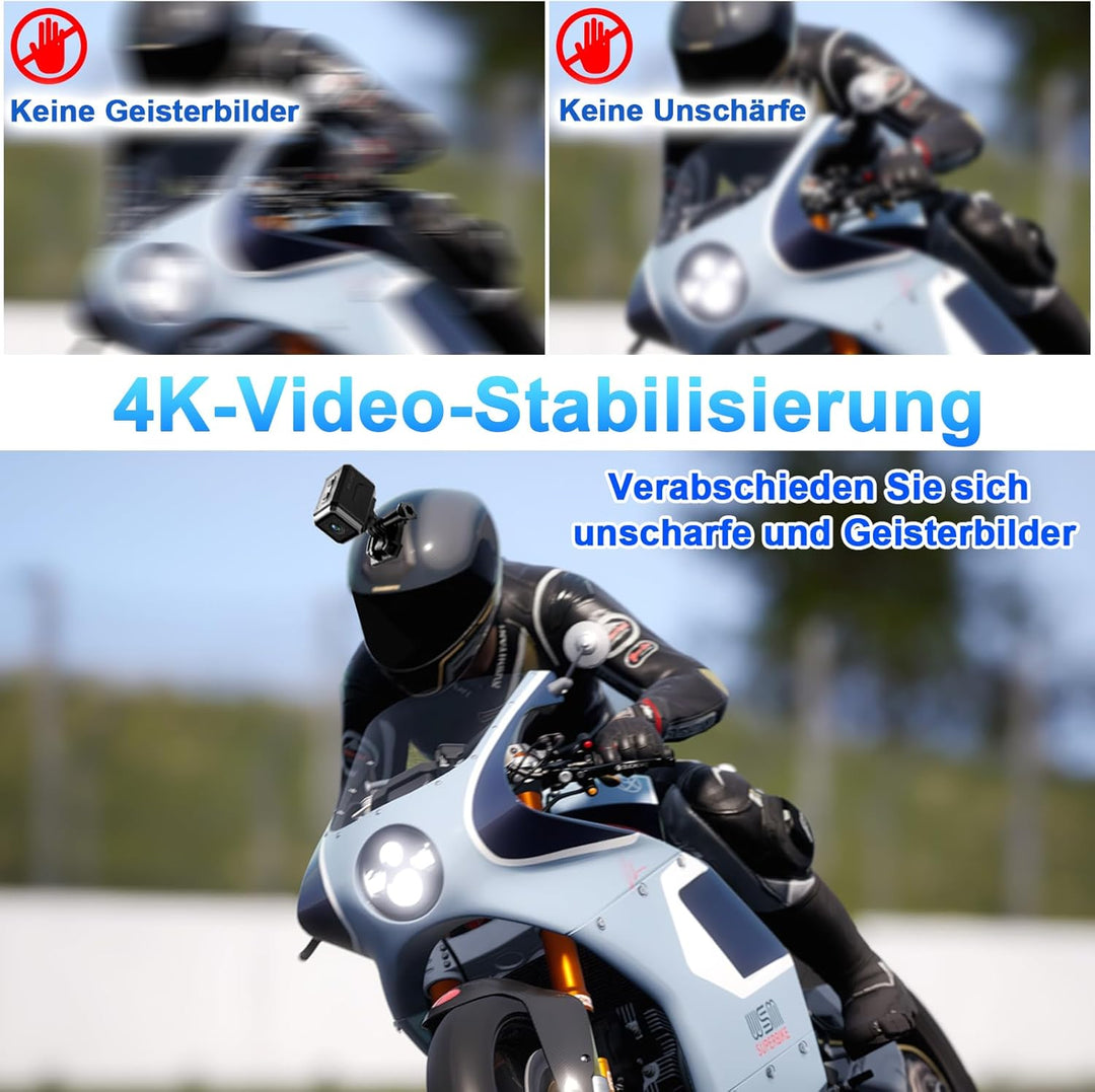 Action Cam WiFi, 4K Stabilisierung Hotspot Actionkameras, 8-Stunden-Akku & 140° Weitwinkel Helmkamer