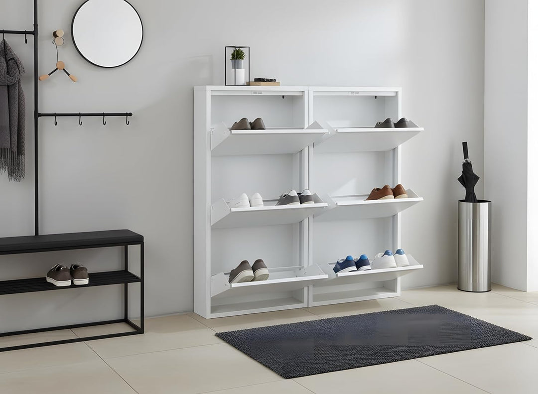 Dynamic24 XL Pisa 6 Klappen weiss – Schuhschrank – B101 x H106 x T16 cm – Metall pulverlackiert – Kl
