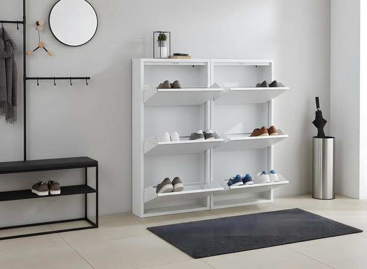 Dynamic24 XL Pisa 6 Klappen weiss – Schuhschrank – B101 x H106 x T16 cm – Metall pulverlackiert – Kl