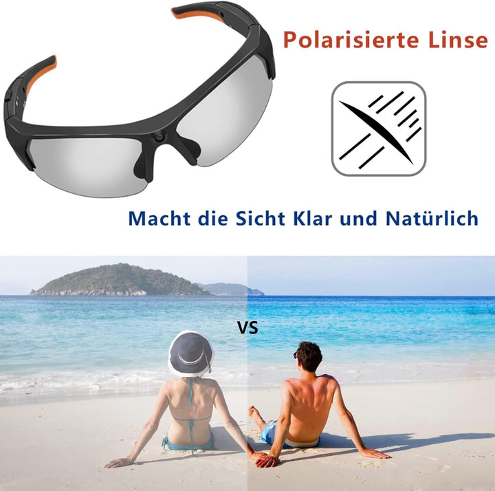 TANGMI Mini Kamera, 1080P HD Brille mit Kamera, Polarisiertes Objektiv, Eingebauter 32GB Speicher, K