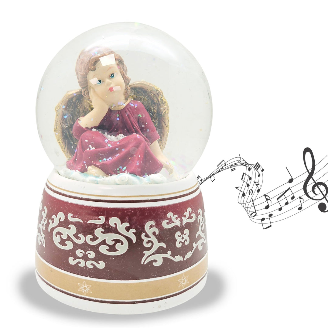 Schneekugel Weihnachten mit Musik | Engel rot verträumt Gold | Sockel rot Gold Ornamente | H: 14cm B