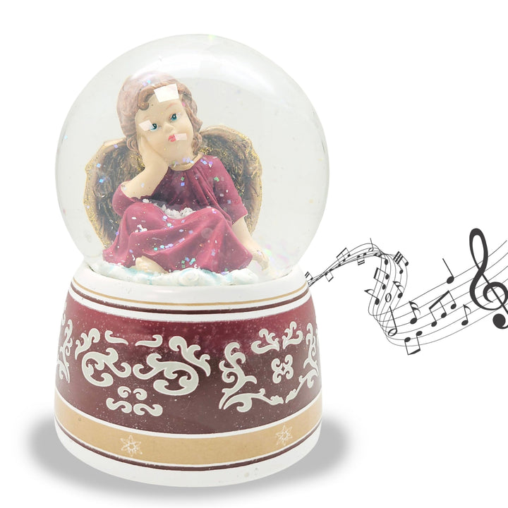 Schneekugel Weihnachten mit Musik | Engel rot verträumt Gold | Sockel rot Gold Ornamente | H: 14cm B