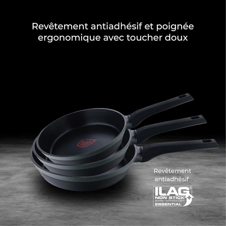 MasterPRO Gastro Reeco - Kochgeschirr-Set aus Aluminiumguss - 3 Pfannen 28, 24 und 20cm - 1 Schöpflö