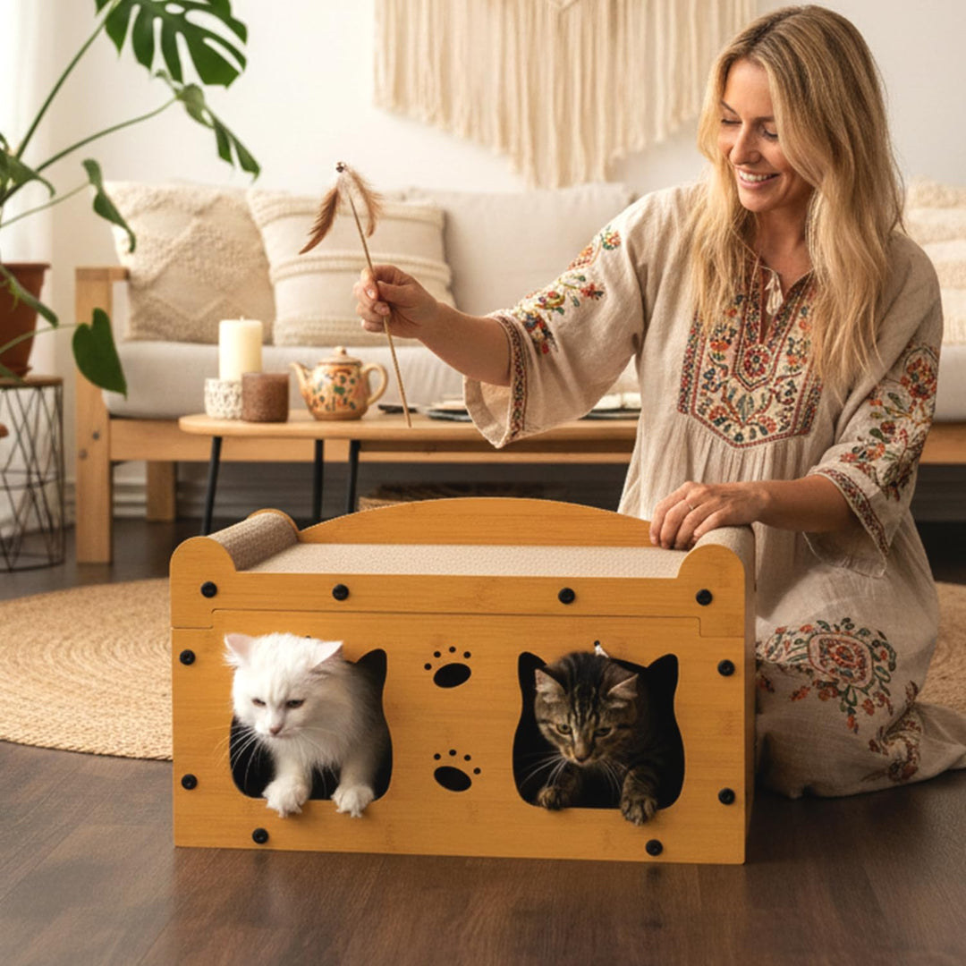 ROXLIN Katzen TV-Möbel, Holzdesign in Gelb, Kratzfläche mit Katzenhöhlen, Modernes Katzenspielzeug f