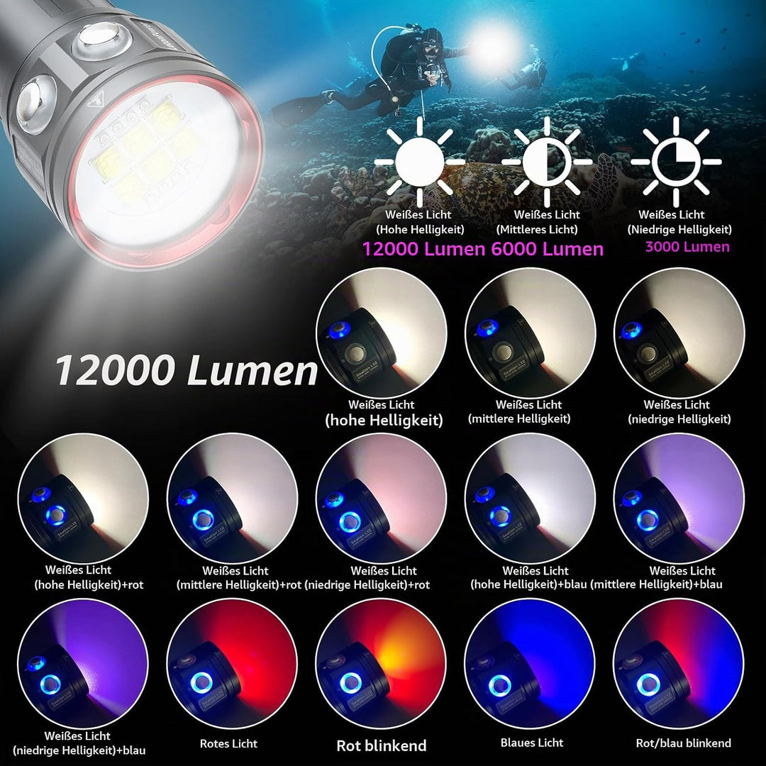 Tauchlampe,LetonPower L24 12000Lumens taschenlampe tauchen,Unterwasser 100m tauchlampe,unterwasser t