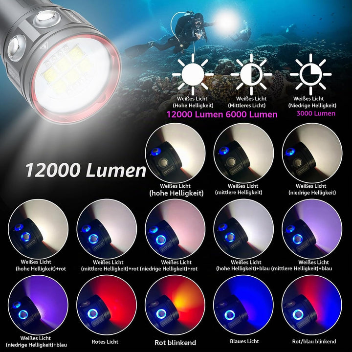 Tauchlampe,LetonPower L24 12000Lumens taschenlampe tauchen,Unterwasser 100m tauchlampe,unterwasser t