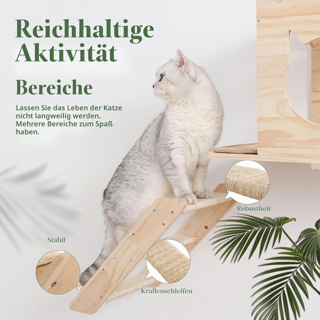 Set von Wandregalen für Katzen, mit Haus, Sisal-Kratzbaum, Kletterstufen, aus massivem Holz, für den