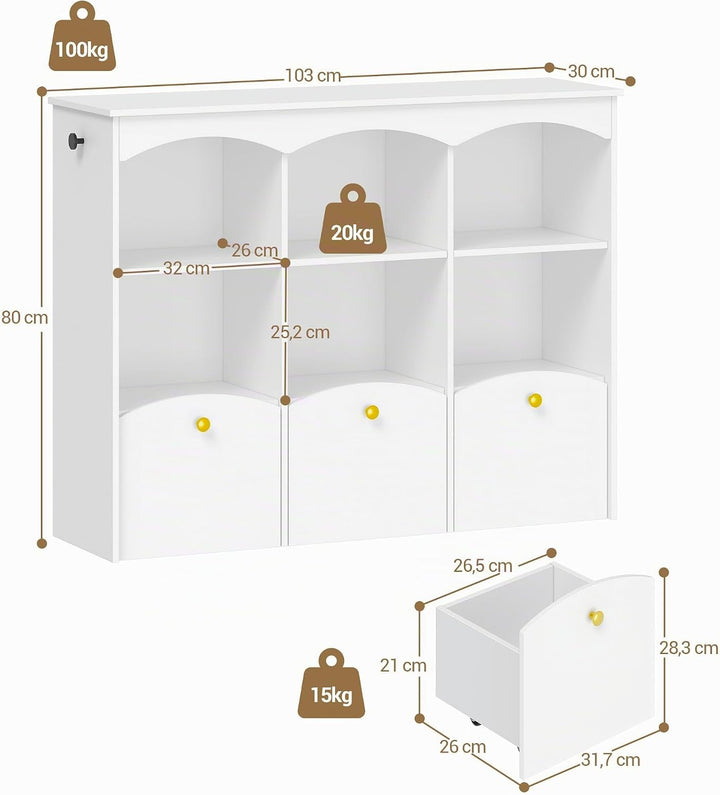 Hzuaneri Kinderregal 103 cm Breite, Kinderzimmer Möbel Weiss | Kinderregal mit 3 Rollboxen, 6 offene