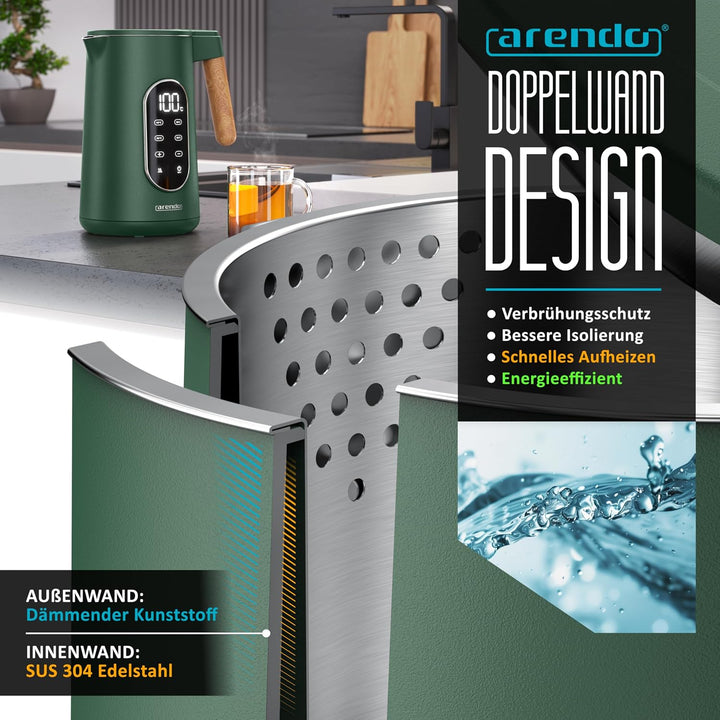 Arendo - Edelstahl Wasserkocher mit Temperatureinstellung 40-100°C - Doppelwand Design Cool Touch -