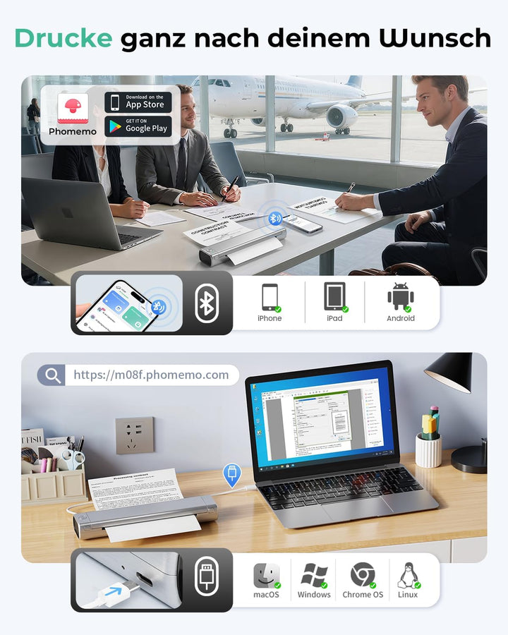 Phomemo M08F Tragbarer Thermodrucker Wireless Bluetooth Mobile Drucker A4 für Unterwegs Unterstützt