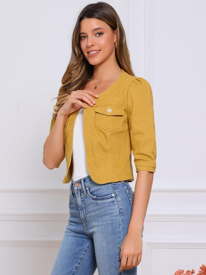 Allegra K Damen Kurze Jeansjacke Kragenlos 3/4 Ärmel Jeansjacken S Gelb, S Gelb