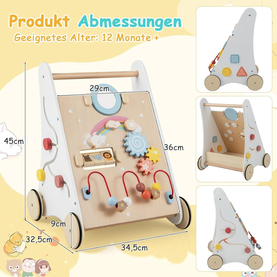FANTASK 7 in 1 Lauflernwagen aus Holz, Lauflernhilfe mit Aufbewahrungsbox in Weiss, Montessori Baby