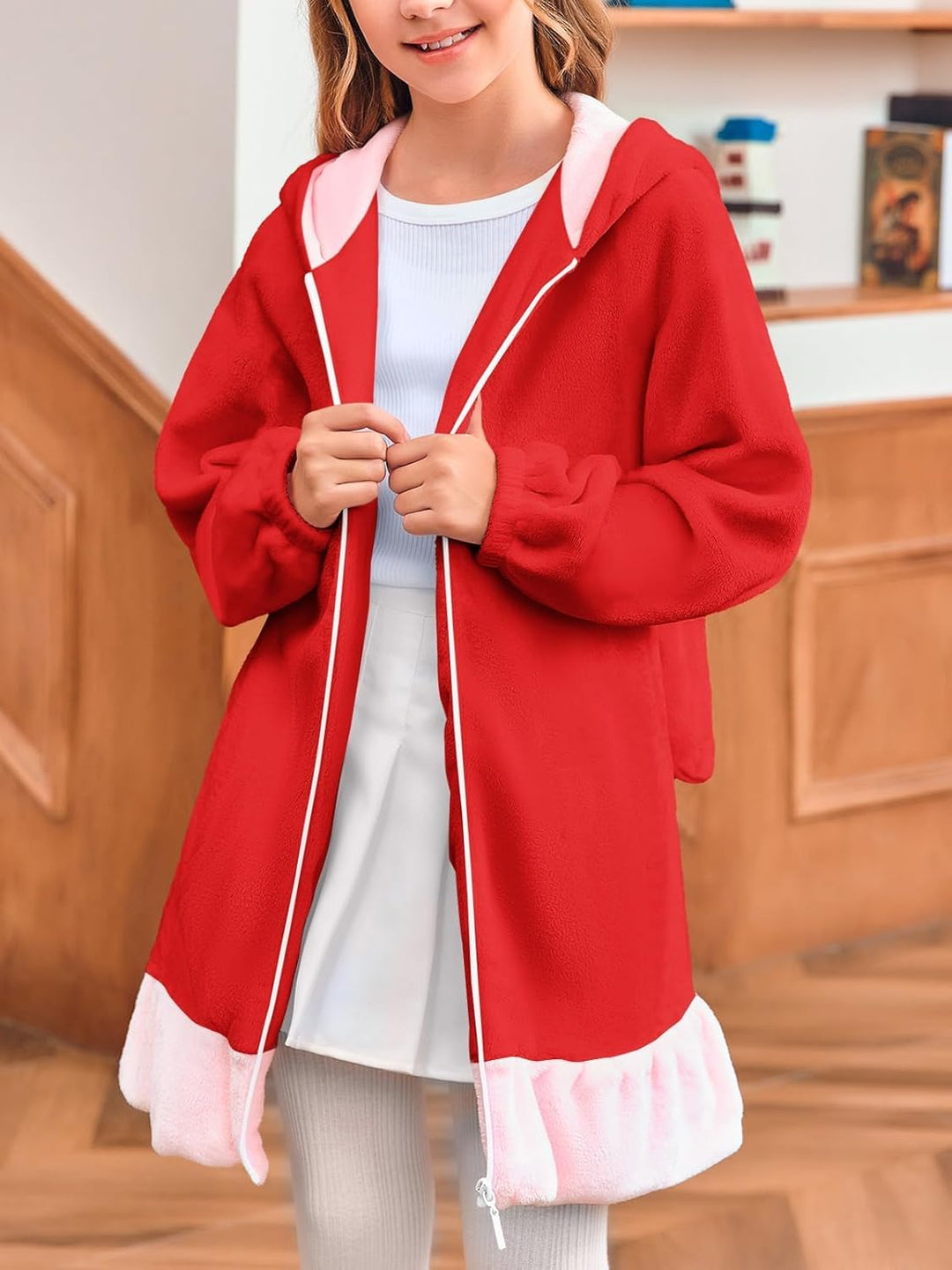 Haloumoning Mädchen Kapuzenjacke Niedlich Fleece Sweatjacke mit Reissverschluss und 2 Taschen Rot 10