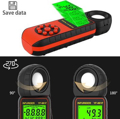 Digital Luxmeter Belichtungsmesser,INFURIDER YF-881F Lichtmessgerät mit 0,01-400.000 Lux,Illuminance