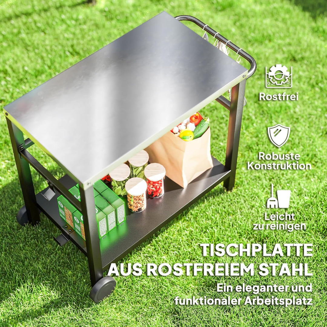 Outsunny Grillwagen 2-Etagen Servierwagen mit Arbeitsfläche Ablagen Haken Räder, BBQ Grilltisch aus
