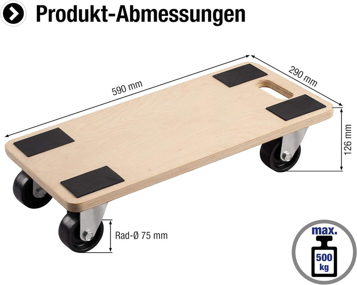 Metafranc Transportroller 590 x 290 mm - 500 kg Tragkraft - Sperrholz - PP-Räder / Möbelroller / Tra