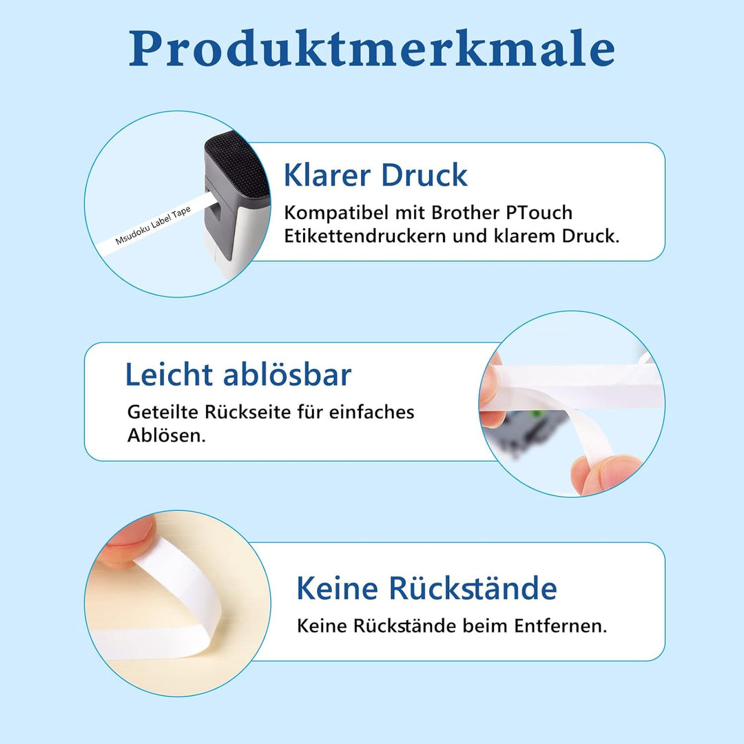 10x Msudoku Kompatibel TZe-221 für Brother P Touch Bänder 9mm Schwarz auf Weiss Ersatz für Brother T