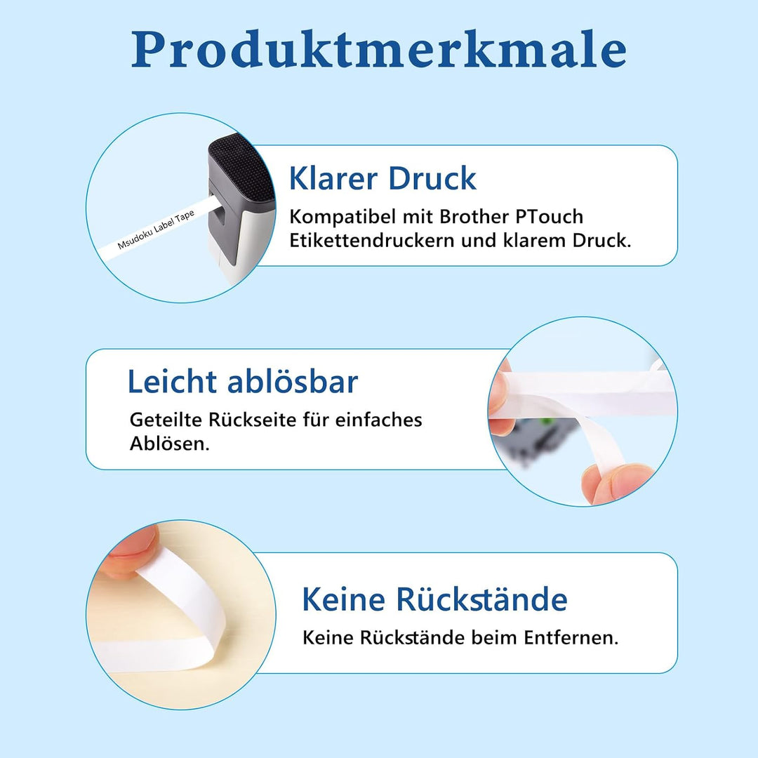 6x Msudoku TZe-221 Kompatibel für Brother P Touch Bänder 9mm 0.35" Weiss, 6