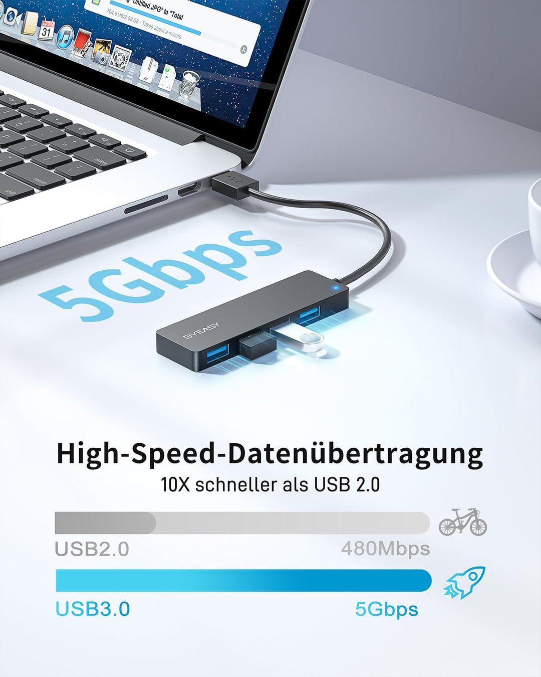 BYEASY USB Hub 3.0, Ultra Slim Multiport Hub 4 Ports USB 3.0 Adapter für iMac Pro, MacBook Air, Mac
