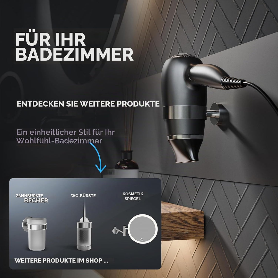 Haartrocknerhalter Ronne | Edelstahl | Silber | mit Wandmontage zum Bohren | mit Fönpolsterung | zum