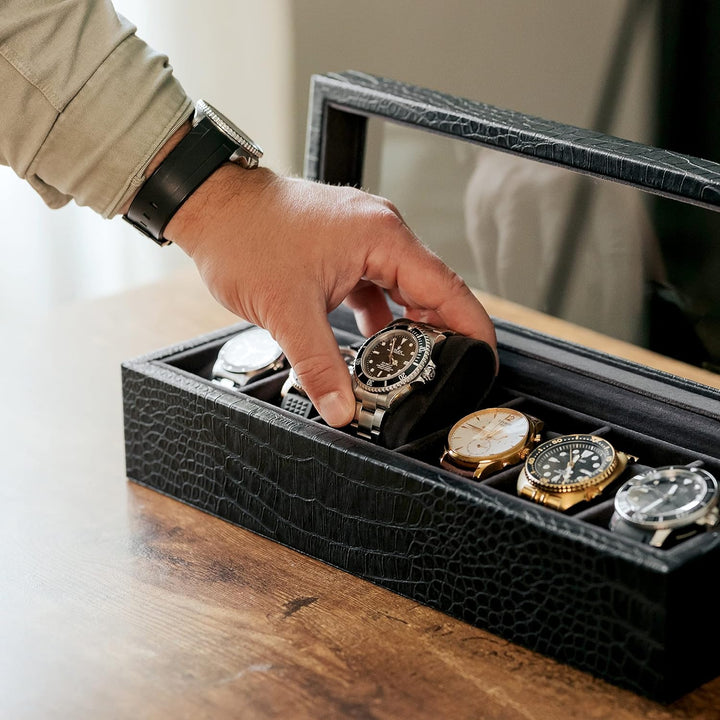 CASE ELEGANCE Uhrenschatulle in Elegantem, Schwarzem, Kunst-Krokodilleder mit Echtem Glas Gator, Gat