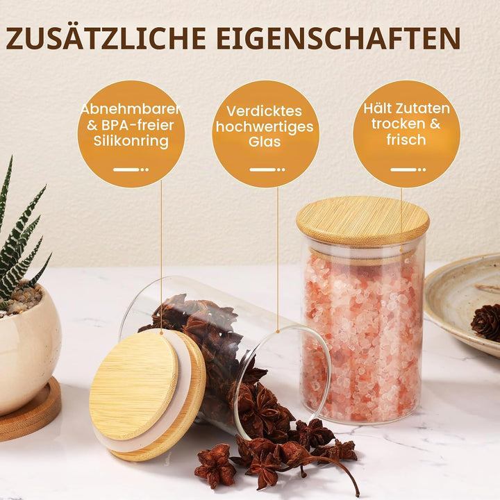 Cinnani 300ml Gewürzgläser Rund Set luftdicht mit Holzdeckel, 12 Stück Gewürzdosen Glas Gewürzbehält