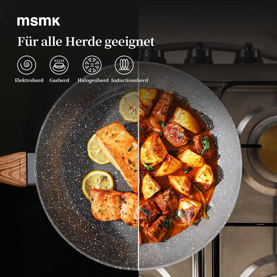 MSMK 28 cm Antihaft-Keramik-Bratpfanne mit Deckel & rotem Schlitzwender, Für Gasherd Induktion, Holz