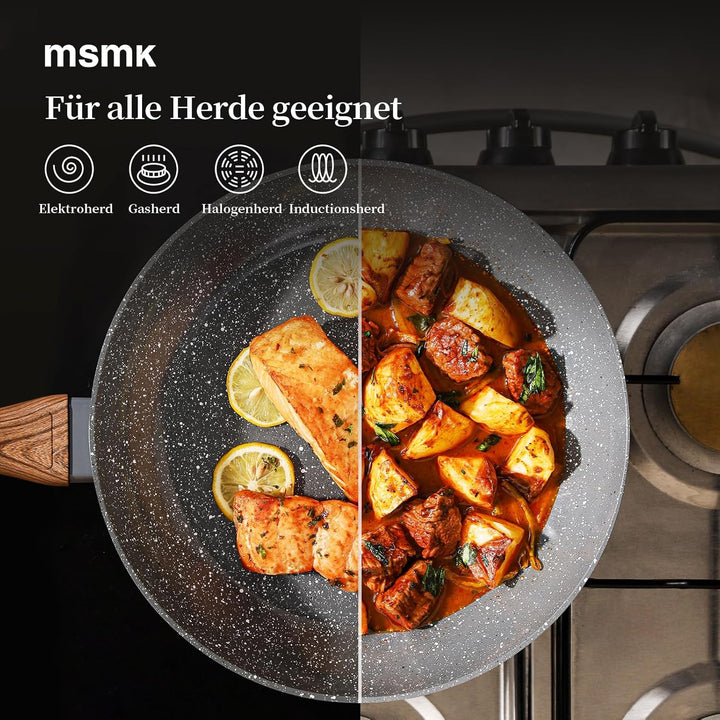 MSMK 28 cm Antihaft-Keramik-Bratpfanne mit Deckel & rotem Schlitzwender, Für Gasherd Induktion, Holz
