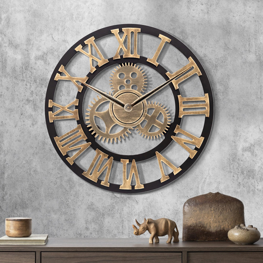Lafocuse Holz Wanduhr Industrial Gold, Lautlos Vintage Gross 60 cm XXL, Zahnrad Römische Ziffern Ste
