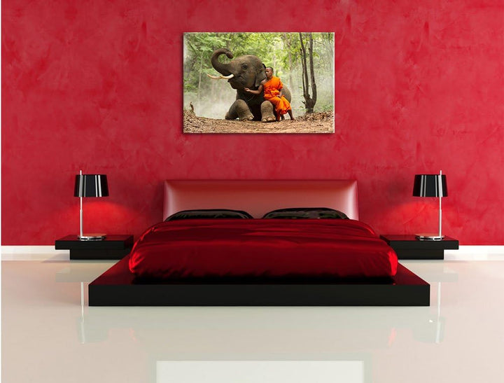 Pixxprint Mönch Elefanten Wald als Leinwandbild/Grösse: 100x70 cm/Wandbild/Kunstdruck/fertig bespann