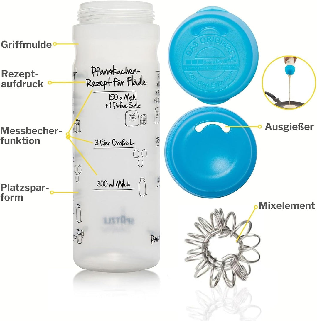 Pfannkuchen-Shaker (875ml, blau) einfach Teig machen und portionieren mit Rezeptaufdruck für Crêpes,