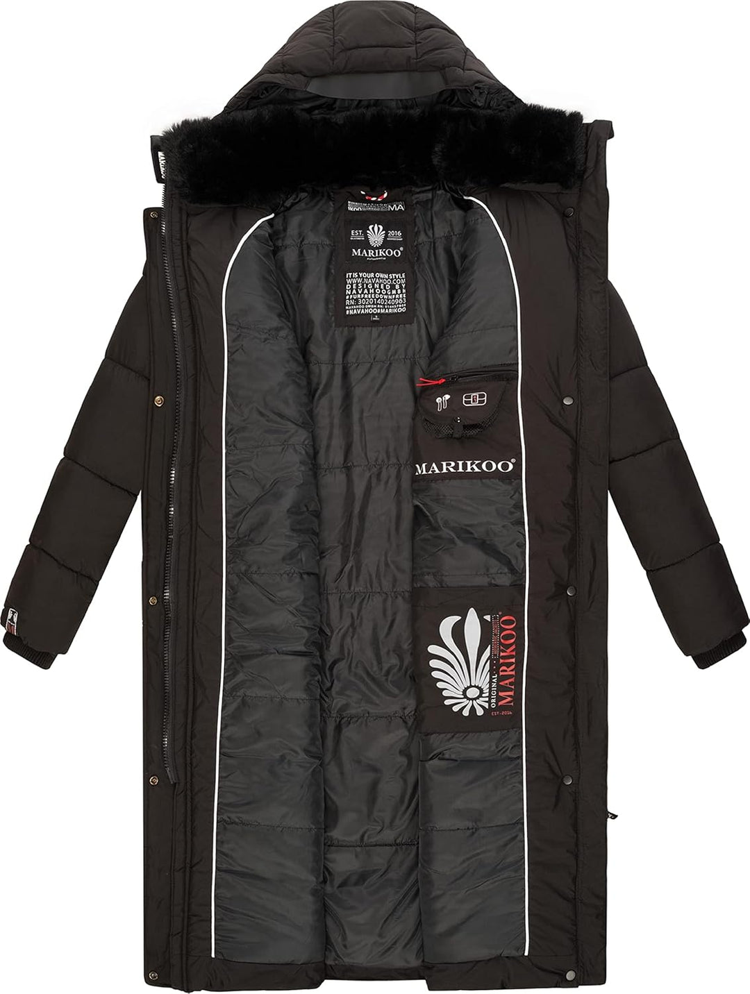 MARIKOO Damen Wintermantel Warmer Steppmantel lang mit Abnehmbarer Kapuze Reliziaa XS-3XL XL Schwarz